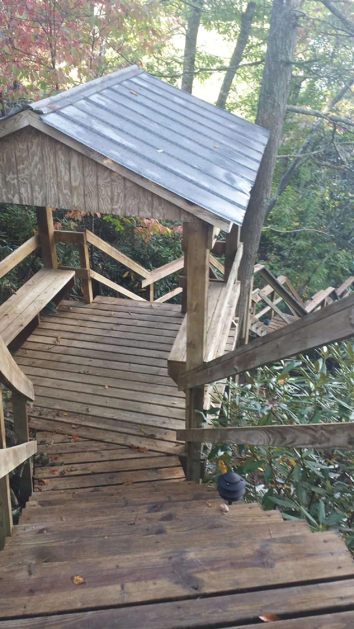Metal roofed shelter over wooden steps on a wooded walkway — Skylight Repair & Installation work by our crew in Millbury
